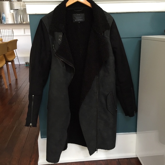 Long Faux Shearling Contrast Biker Coat by Only - Picture 5 of 13